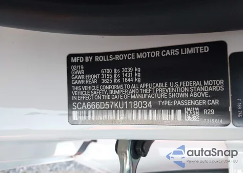 2019 Rolls-Royce Dawn from USA, damaged, VIN SCA666D57KU118034